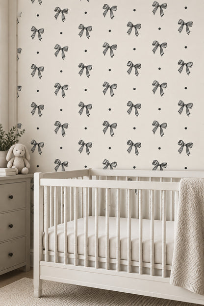 Bow Wallpaper Striped Ribbon And Dot Pattern On Ivory