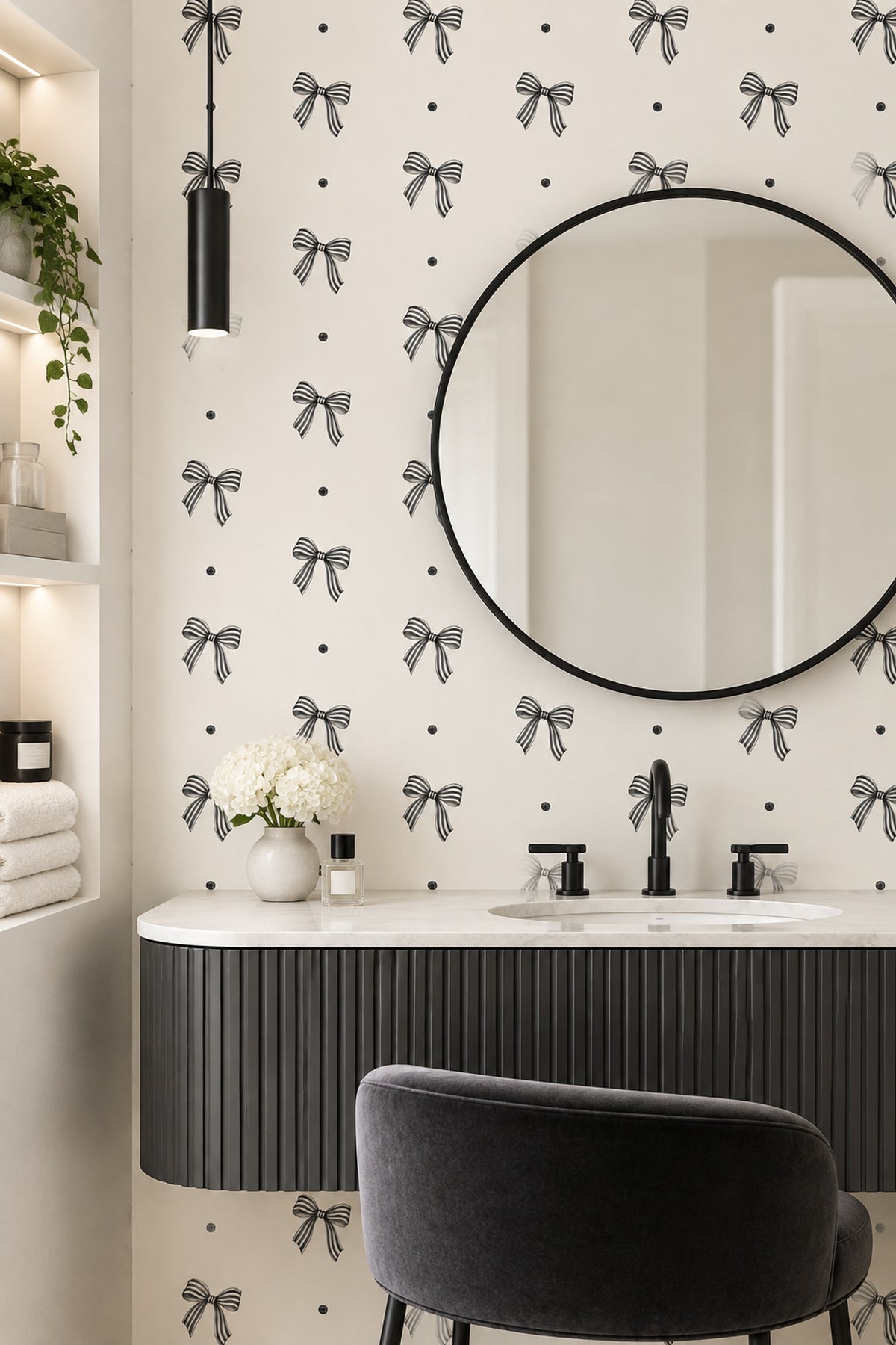 Bow Wallpaper Striped Ribbon And Dot Pattern On Ivory