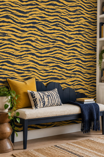 Tiger Stripe Wallpaper Yellow Gold And Navy Jagged Lines