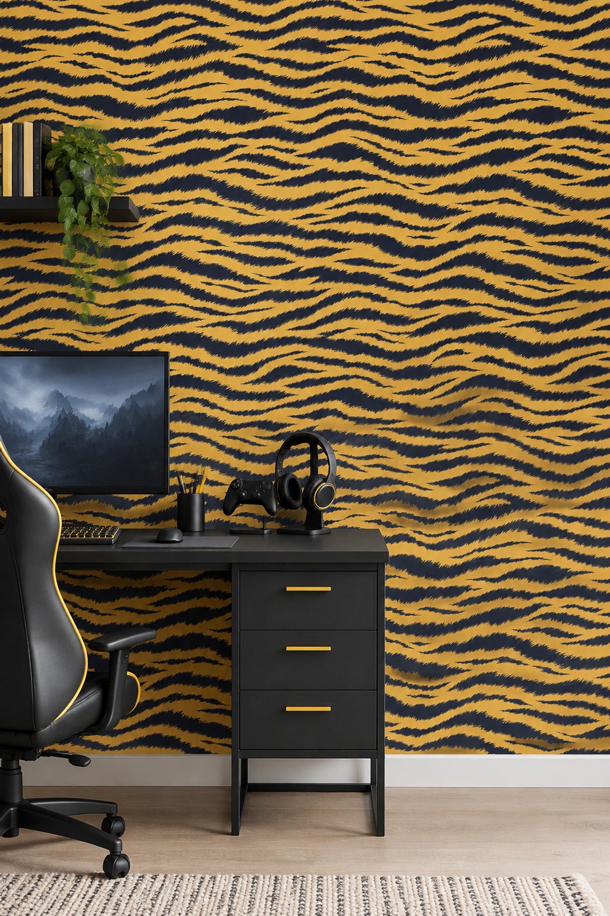 Tiger Stripe Wallpaper Yellow Gold And Navy Jagged Lines