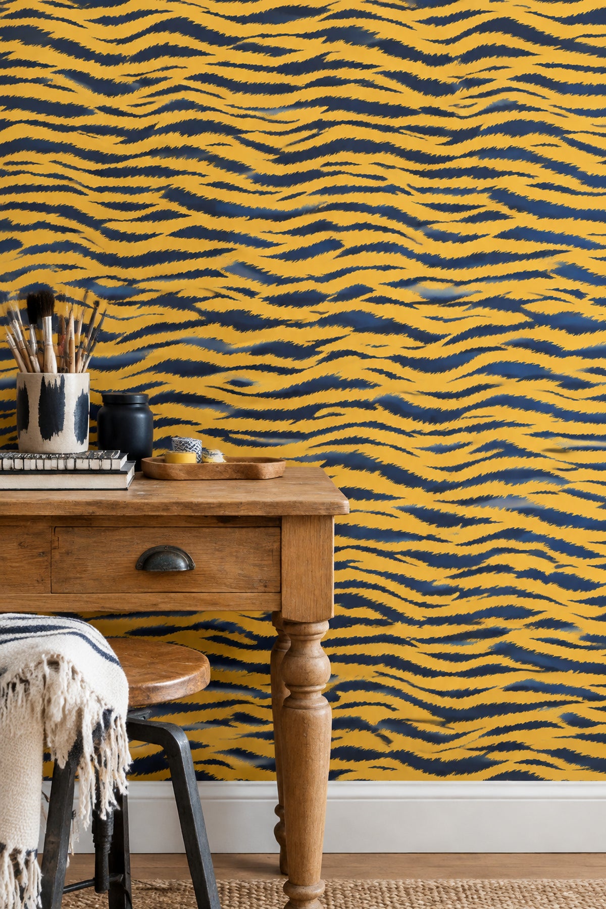 Tiger Stripe Wallpaper Yellow Gold And Navy Jagged Lines