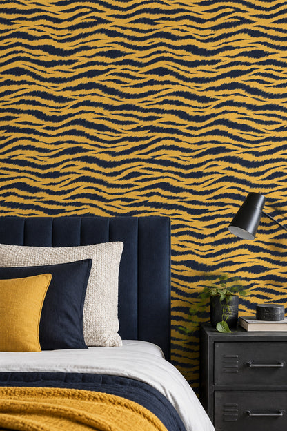 Tiger Stripe Wallpaper Yellow Gold And Navy Jagged Lines