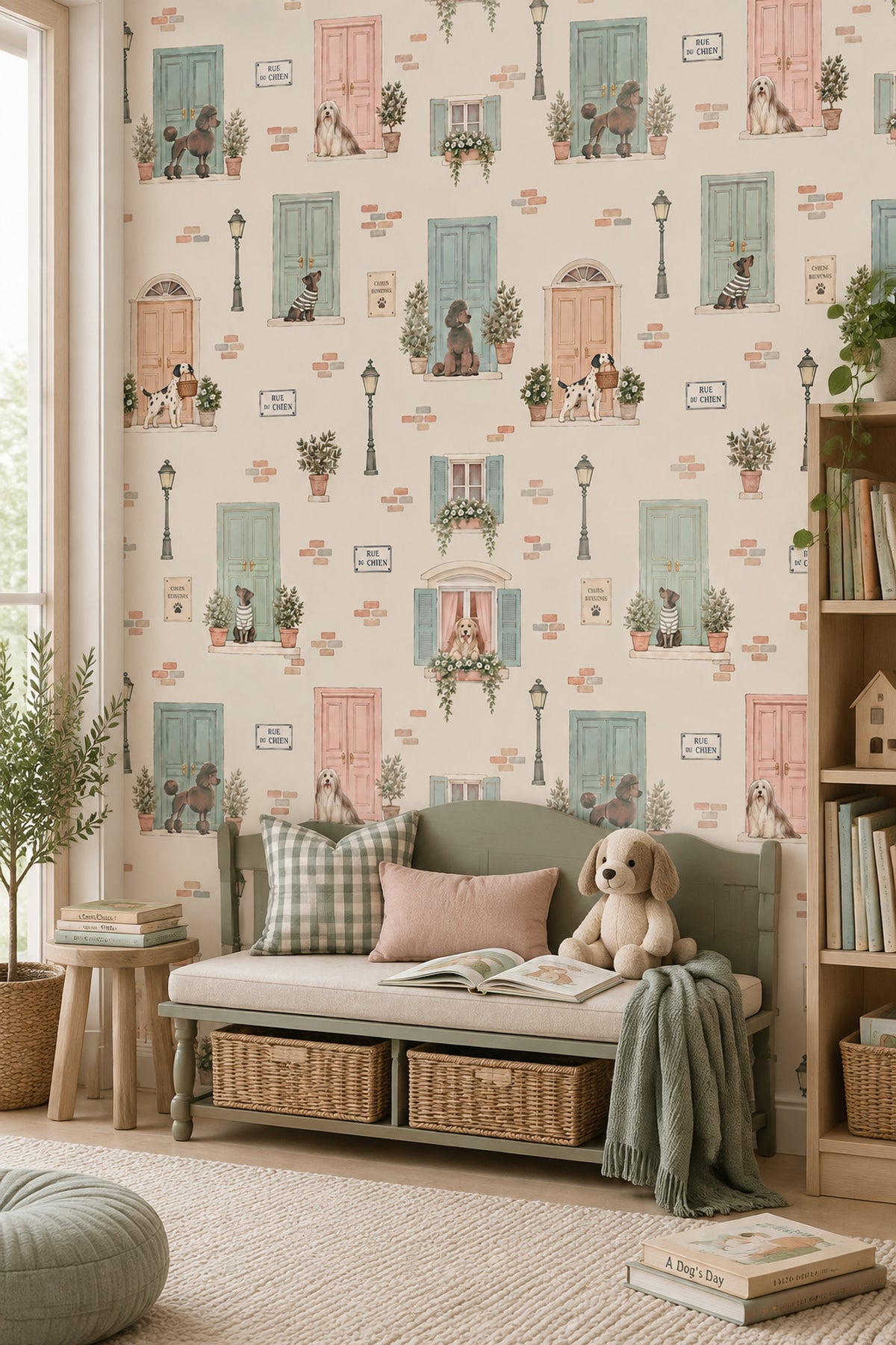 Dogs On A French Street Wallpaper Pastel Door Watercolor