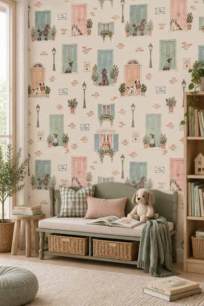 Dogs On A French Street Wallpaper Pastel Door Watercolor