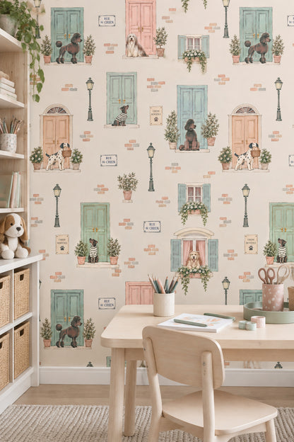 Dogs On A French Street Wallpaper Pastel Door Watercolor