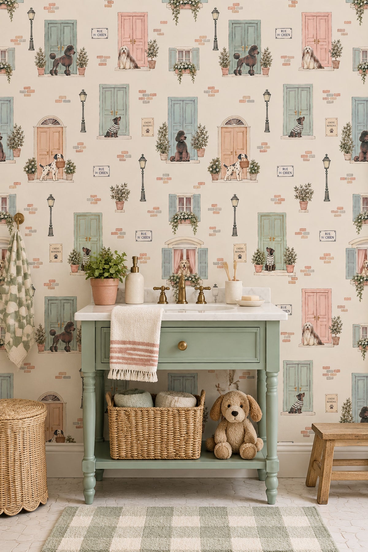 Dogs On A French Street Wallpaper Pastel Door Watercolor