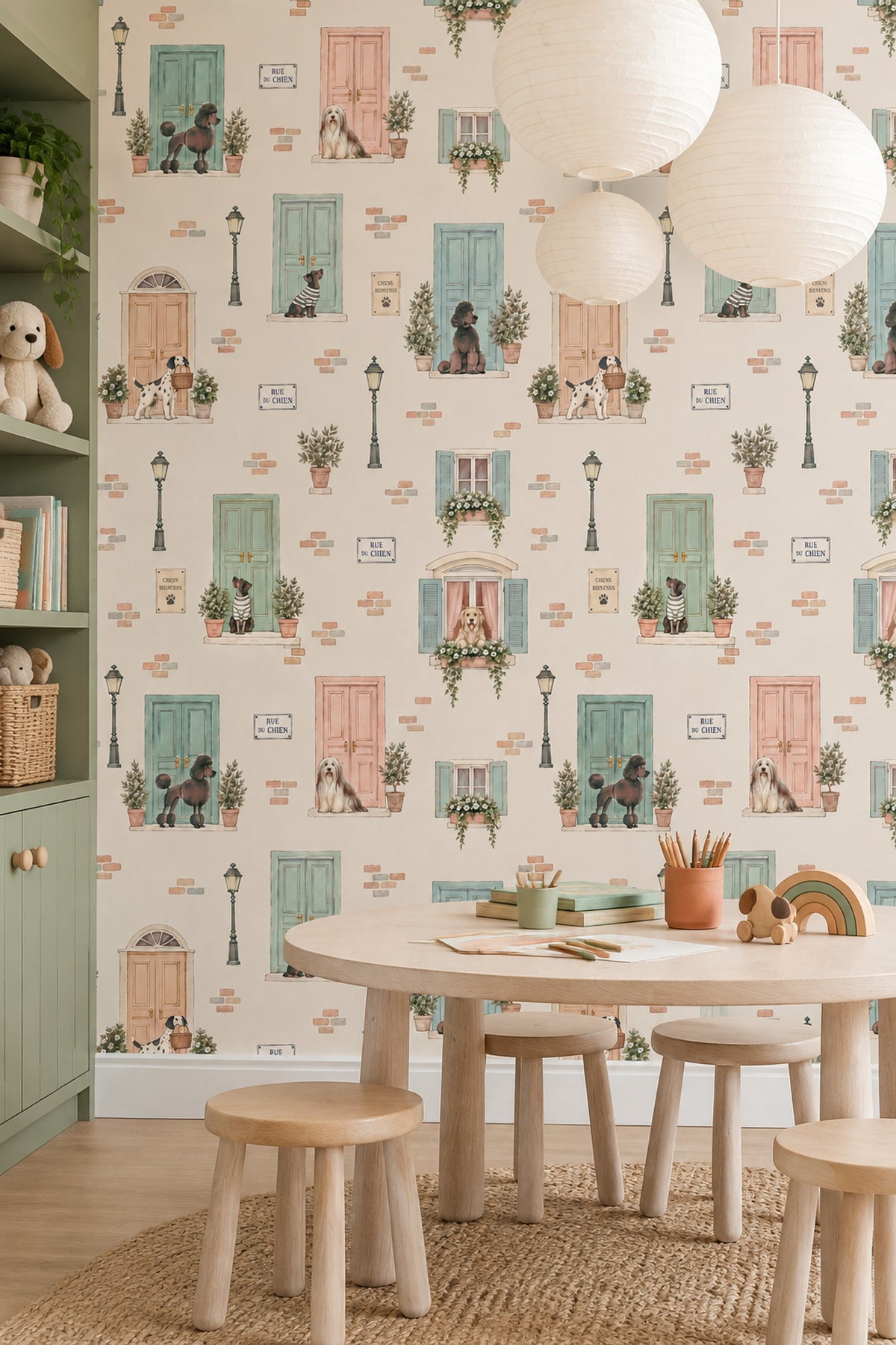 Dogs On A French Street Wallpaper Pastel Door Watercolor