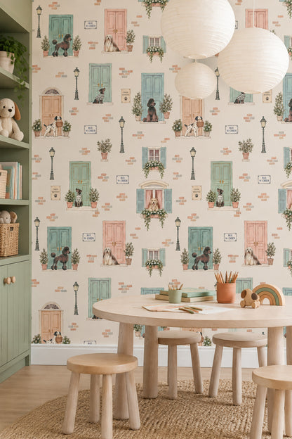 Dogs On A French Street Wallpaper Pastel Door Watercolor