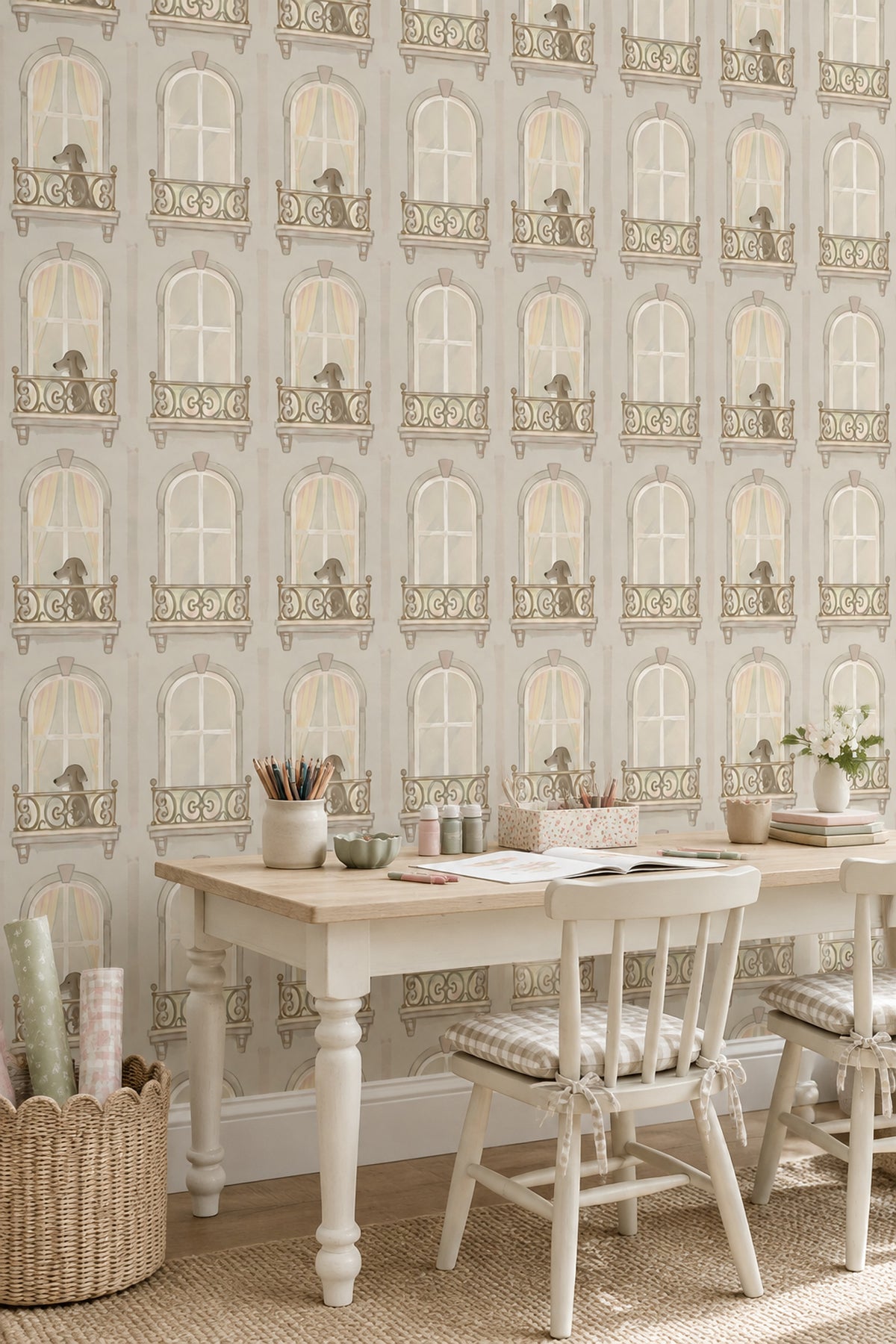 Arched Windows And Dogs Wallpaper Watercolor Beige