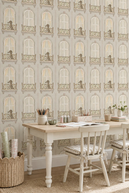 Arched Windows And Dogs Wallpaper Watercolor Beige