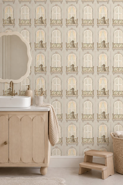 Arched Windows And Dogs Wallpaper Watercolor Beige