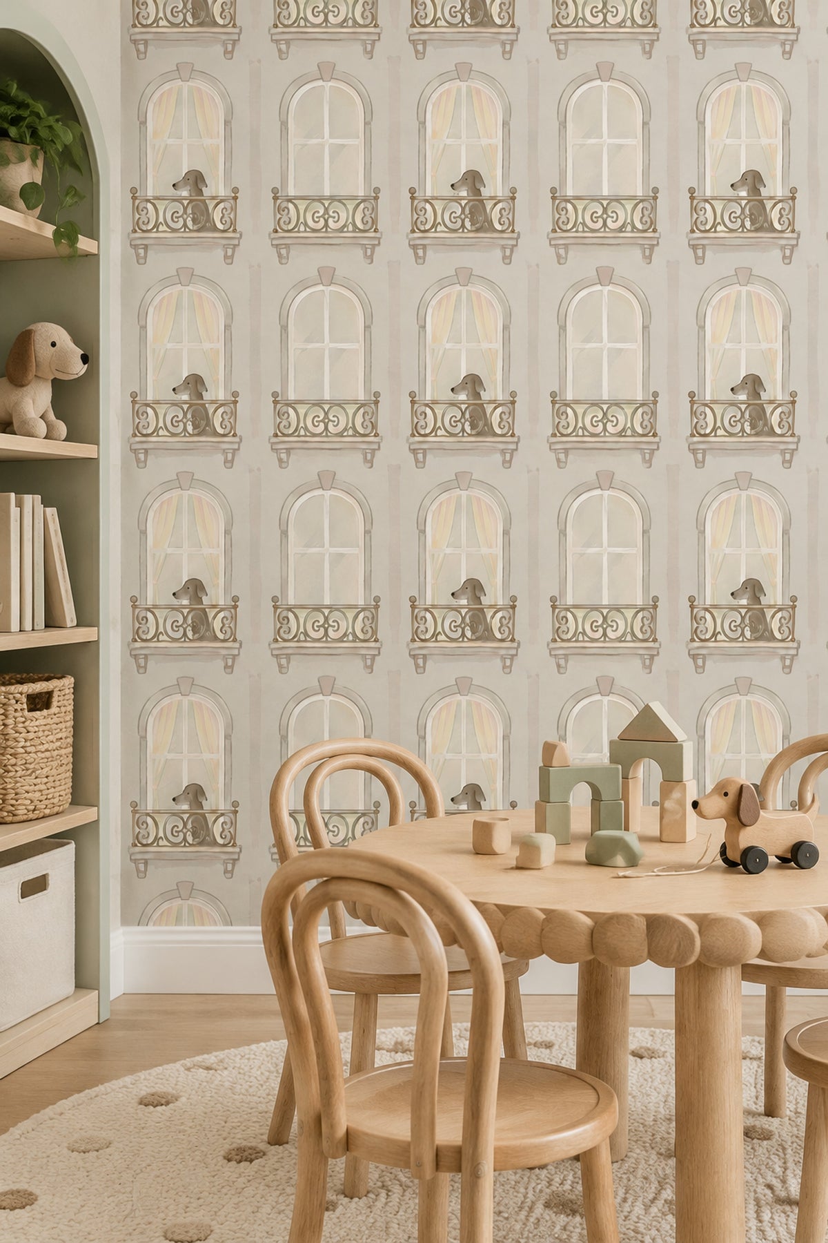 Arched Windows And Dogs Wallpaper Watercolor Beige
