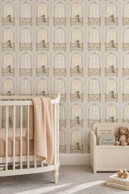 Arched Windows And Dogs Wallpaper Watercolor Beige