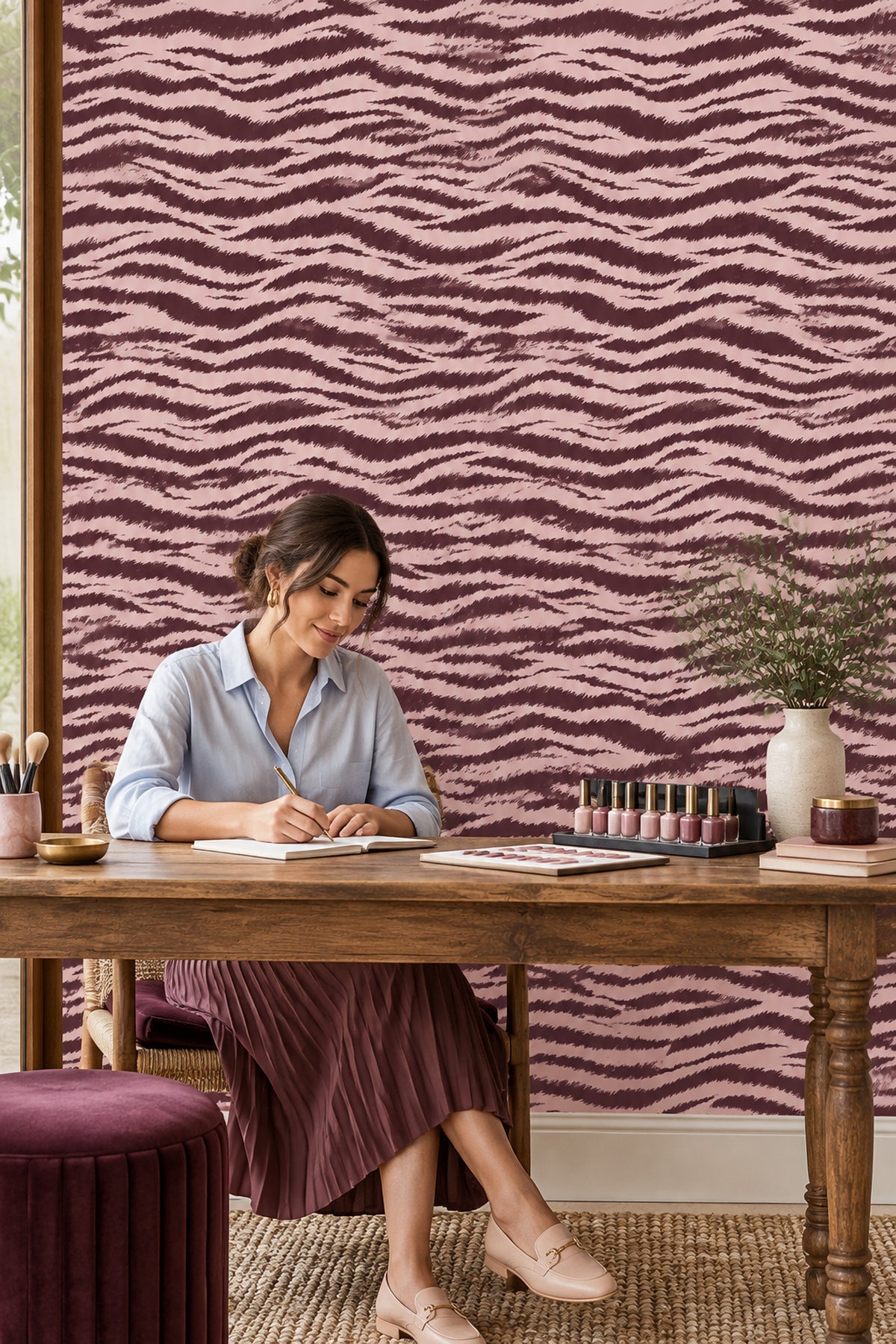Zebra Stripe Wallpaper Pink Background Burgundy Brush Stripes