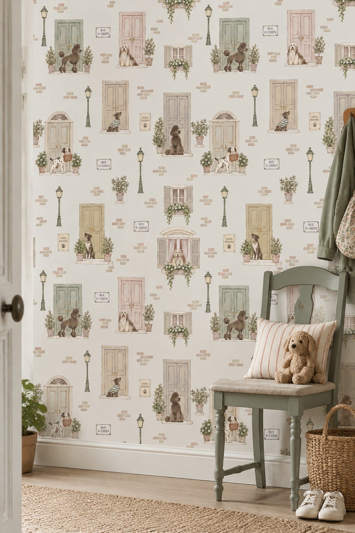 Dogs On A French Street Wallpaper Pastel Door Illustration