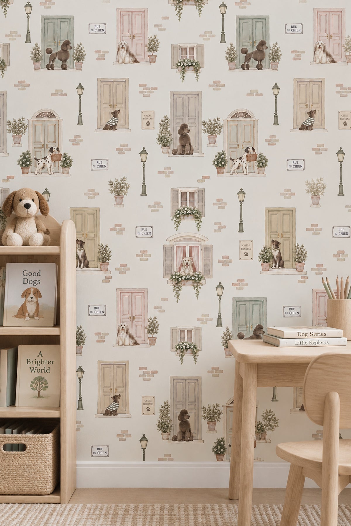 Dogs On A French Street Wallpaper Pastel Door Illustration