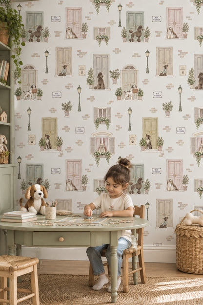Dogs On A French Street Wallpaper Pastel Door Illustration