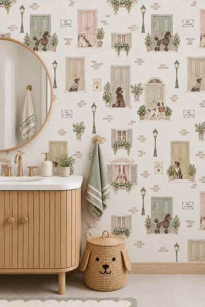 Dogs On A French Street Wallpaper Pastel Door Illustration