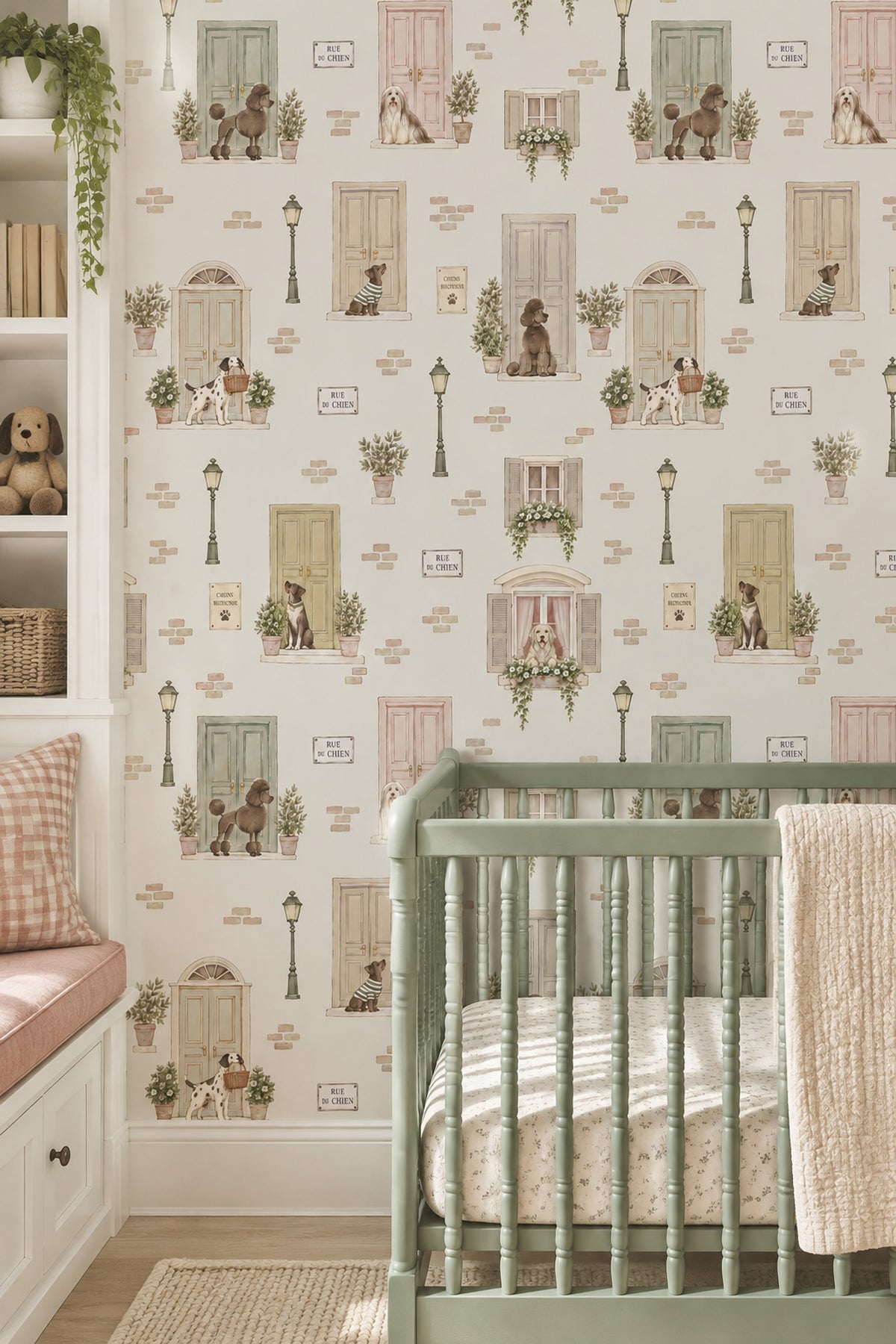 Dogs On A French Street Wallpaper Pastel Door Illustration