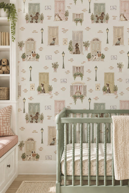 Dogs On A French Street Wallpaper Pastel Door Illustration