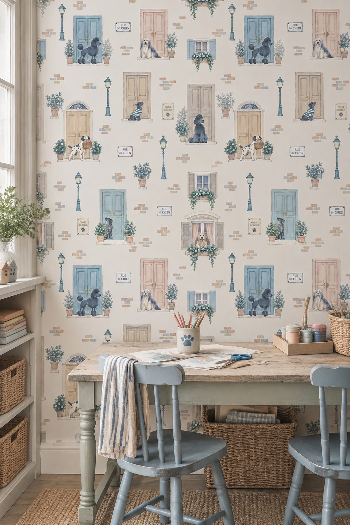Dogs And Parisian Doors Wallpaper Pastel Watercolor Street Scene