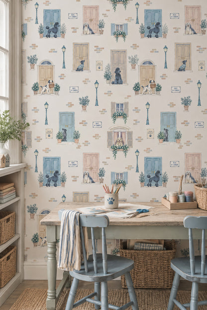 Dogs And Parisian Doors Wallpaper Pastel Watercolor Street Scene