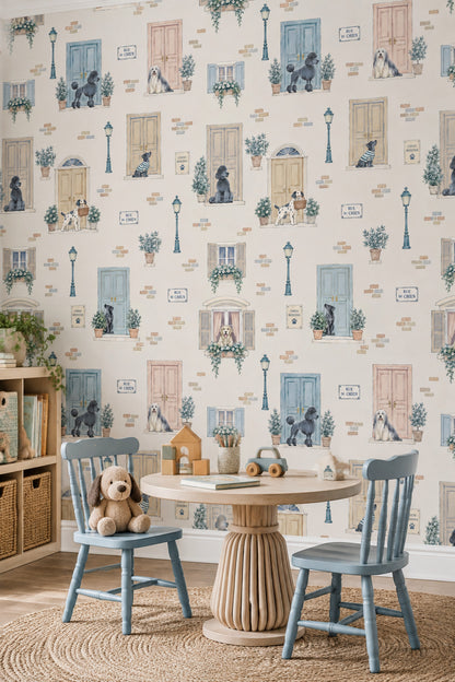 Dogs And Parisian Doors Wallpaper Pastel Watercolor Street Scene