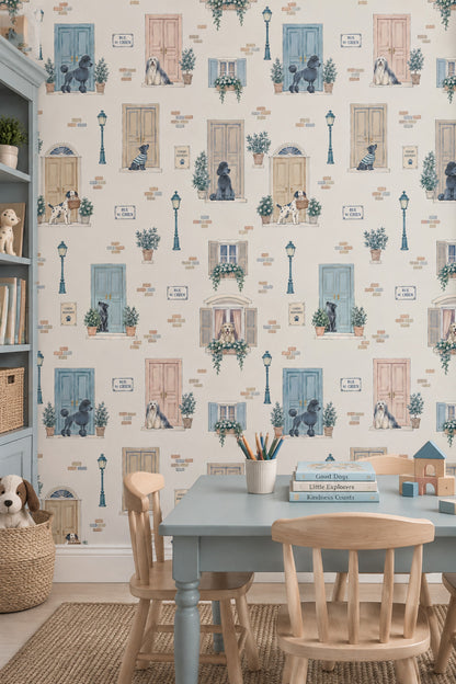 Dogs And Parisian Doors Wallpaper Pastel Watercolor Street Scene