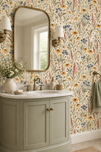 Watercolor Wildflowers Wallpaper Cream Background Botanical Meadow