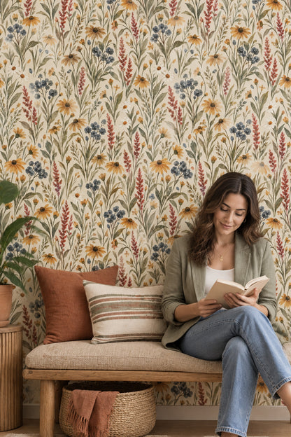 Watercolor Wildflowers Wallpaper Cream Background Botanical Meadow