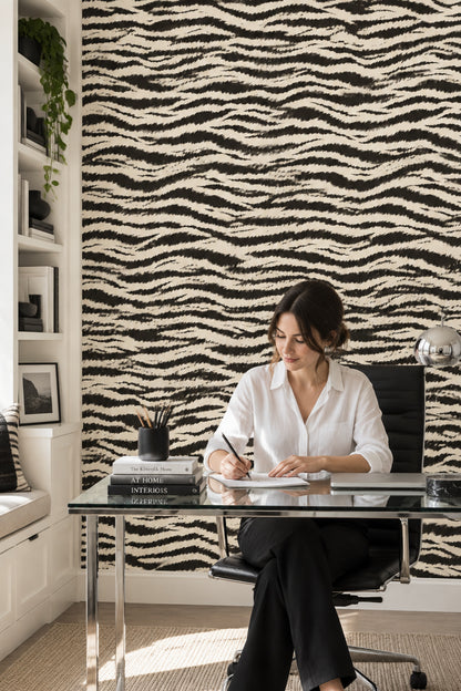 Zebra Print Wallpaper Black Stripes On Ivory Background