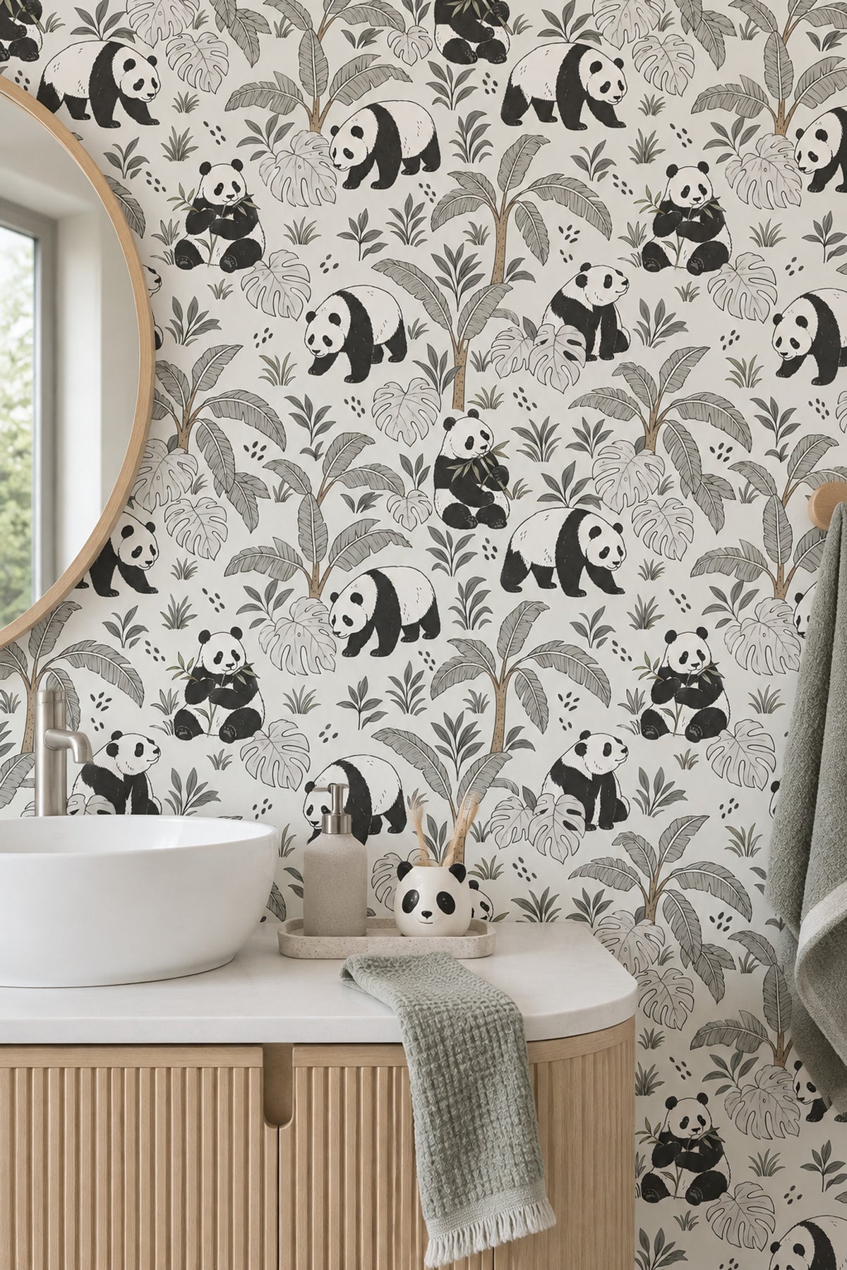 Panda Wallpaper Tropical Jungle Leaves In Soft Green