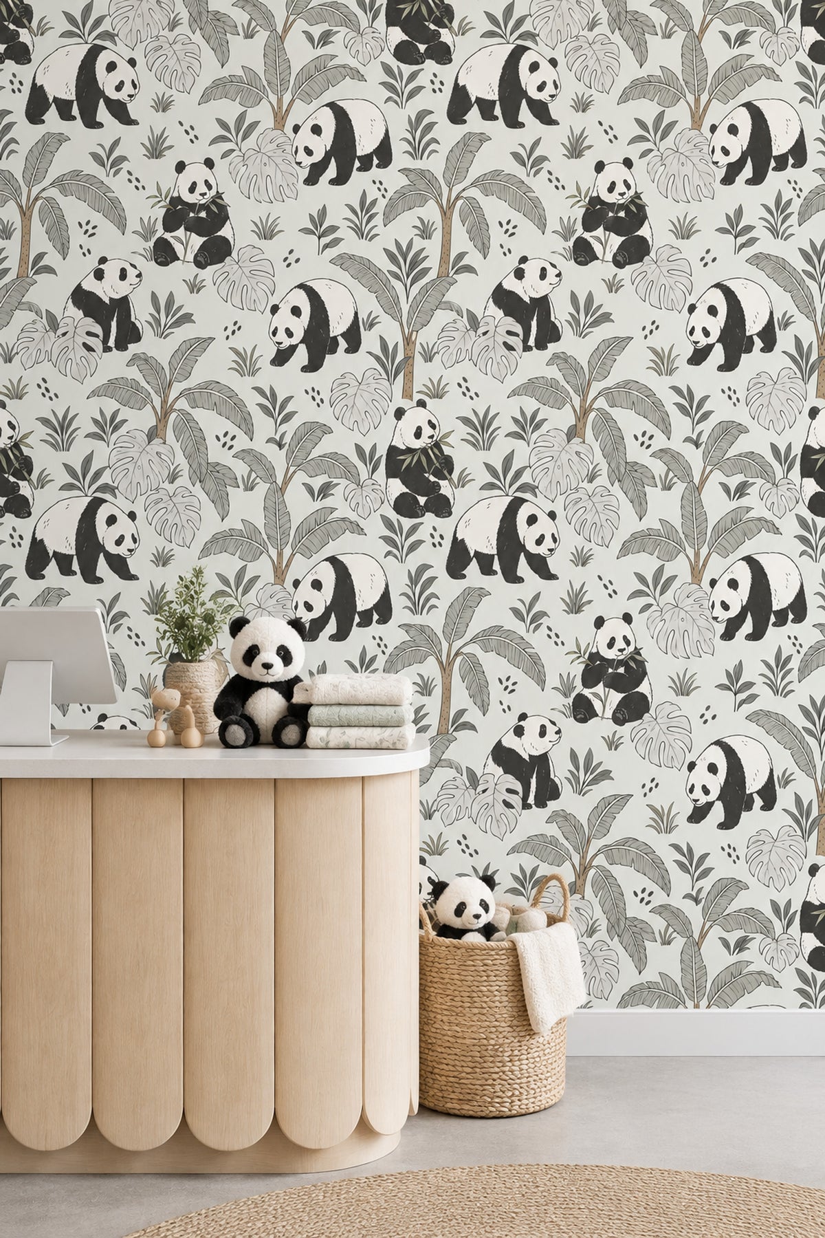 Panda Wallpaper Tropical Jungle Leaves In Soft Green