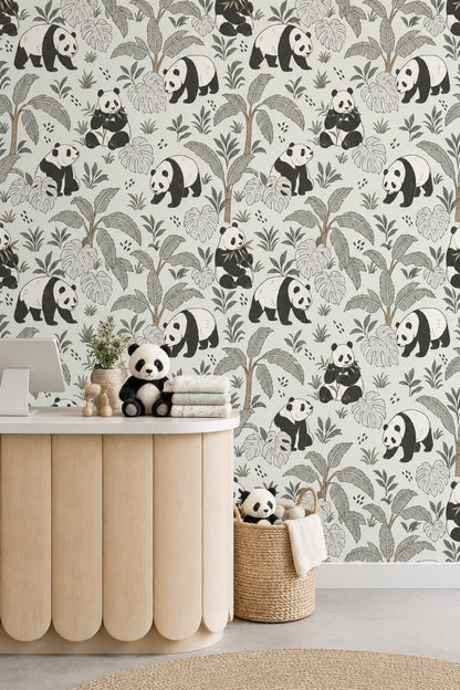 Panda Wallpaper Tropical Jungle Leaves In Soft Green