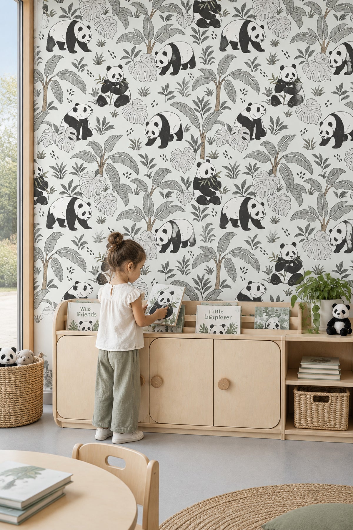 Panda Wallpaper Tropical Jungle Leaves In Soft Green