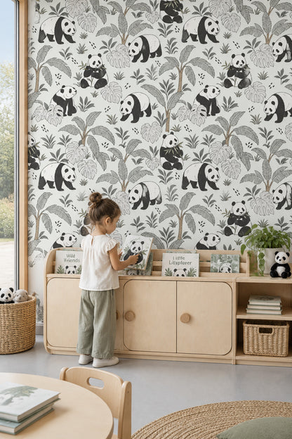 Panda Wallpaper Tropical Jungle Leaves In Soft Green
