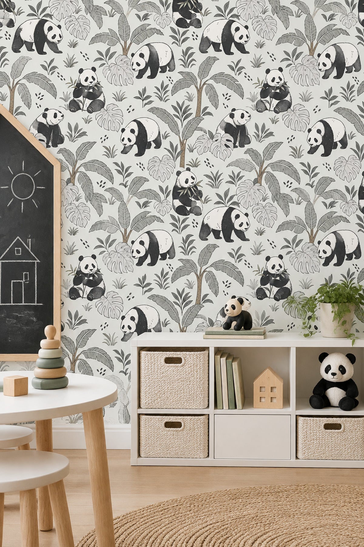 Panda Wallpaper Tropical Jungle Leaves In Soft Green