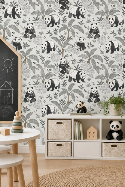 Panda Wallpaper Tropical Jungle Leaves In Soft Green