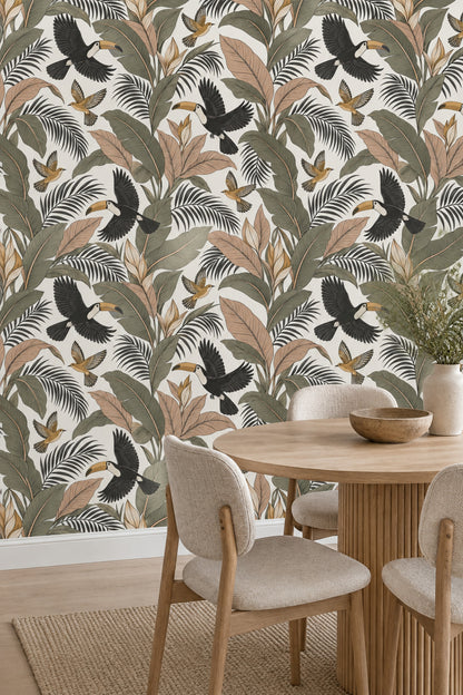 Toucan Birds Wallpaper Tropical Leaf Pattern