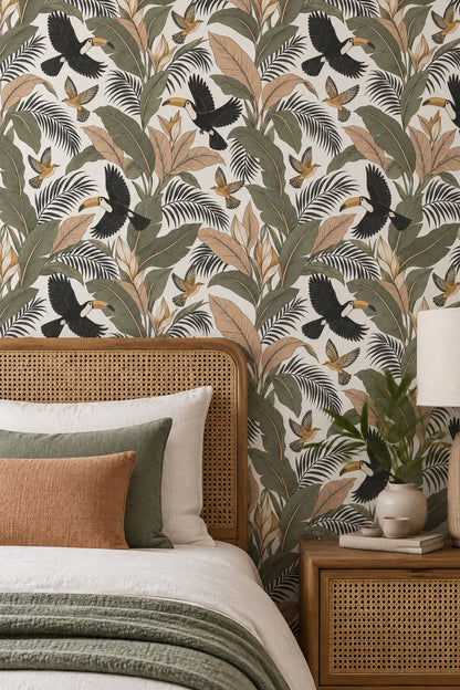Toucan Birds Wallpaper Tropical Leaf Pattern