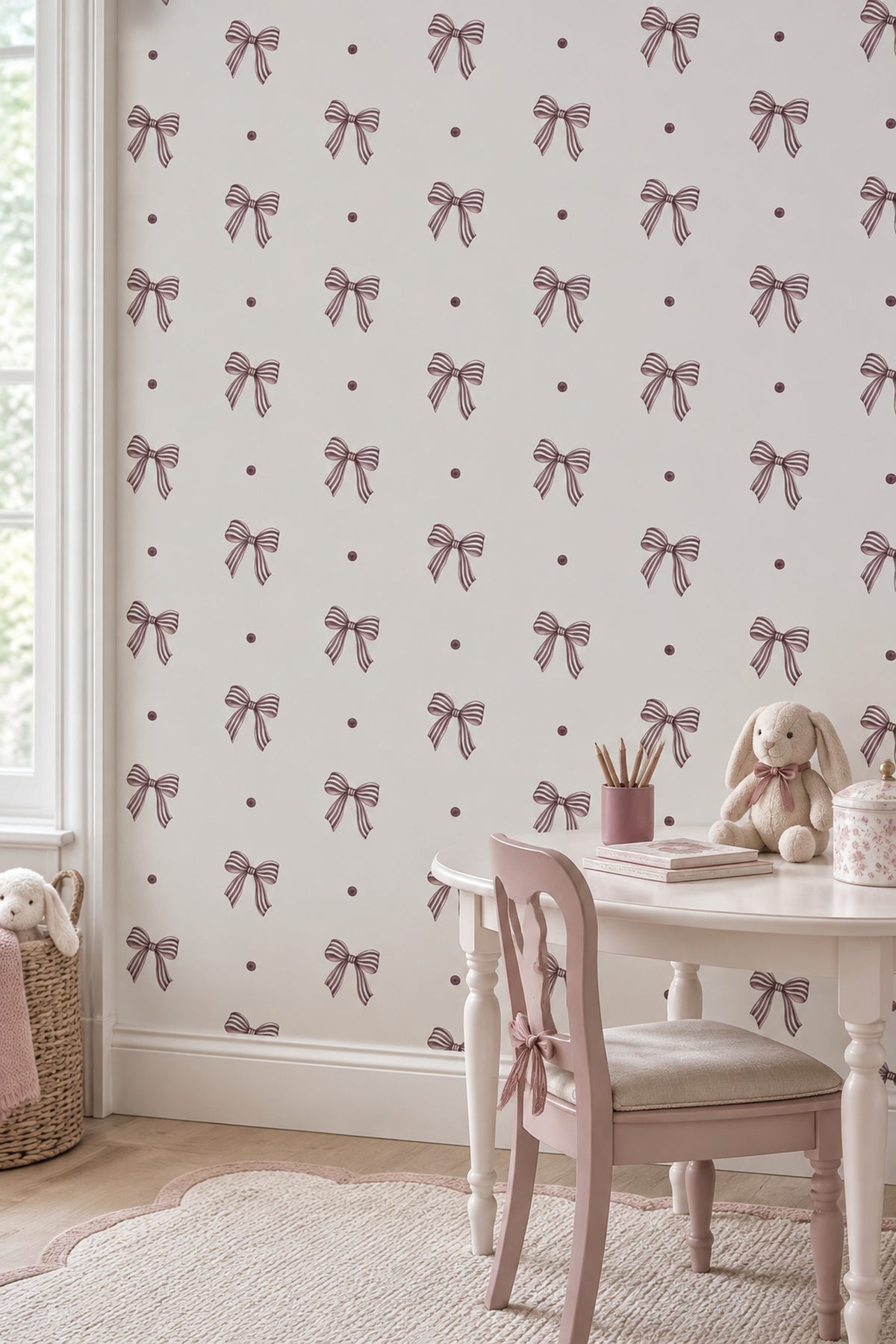 Striped Bows Wallpaper Mauve Ribbons On Ivory Background
