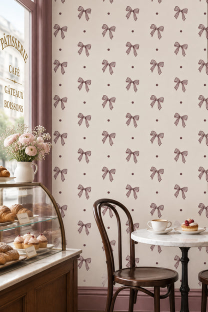 Striped Bows Wallpaper Mauve Ribbons On Ivory Background