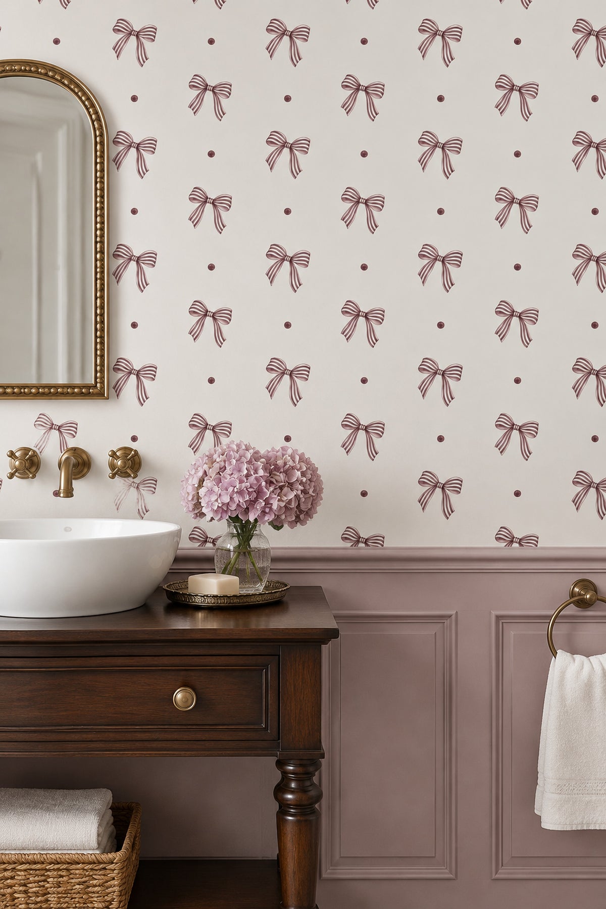 Striped Bows Wallpaper Mauve Ribbons On Ivory Background