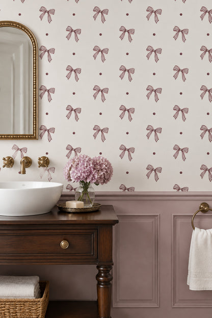Striped Bows Wallpaper Mauve Ribbons On Ivory Background