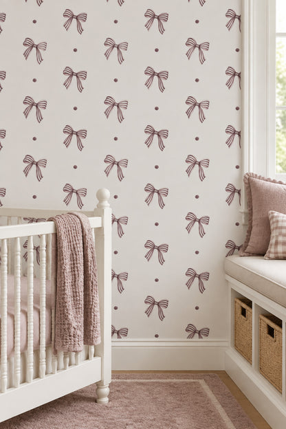 Striped Bows Wallpaper Mauve Ribbons On Ivory Background