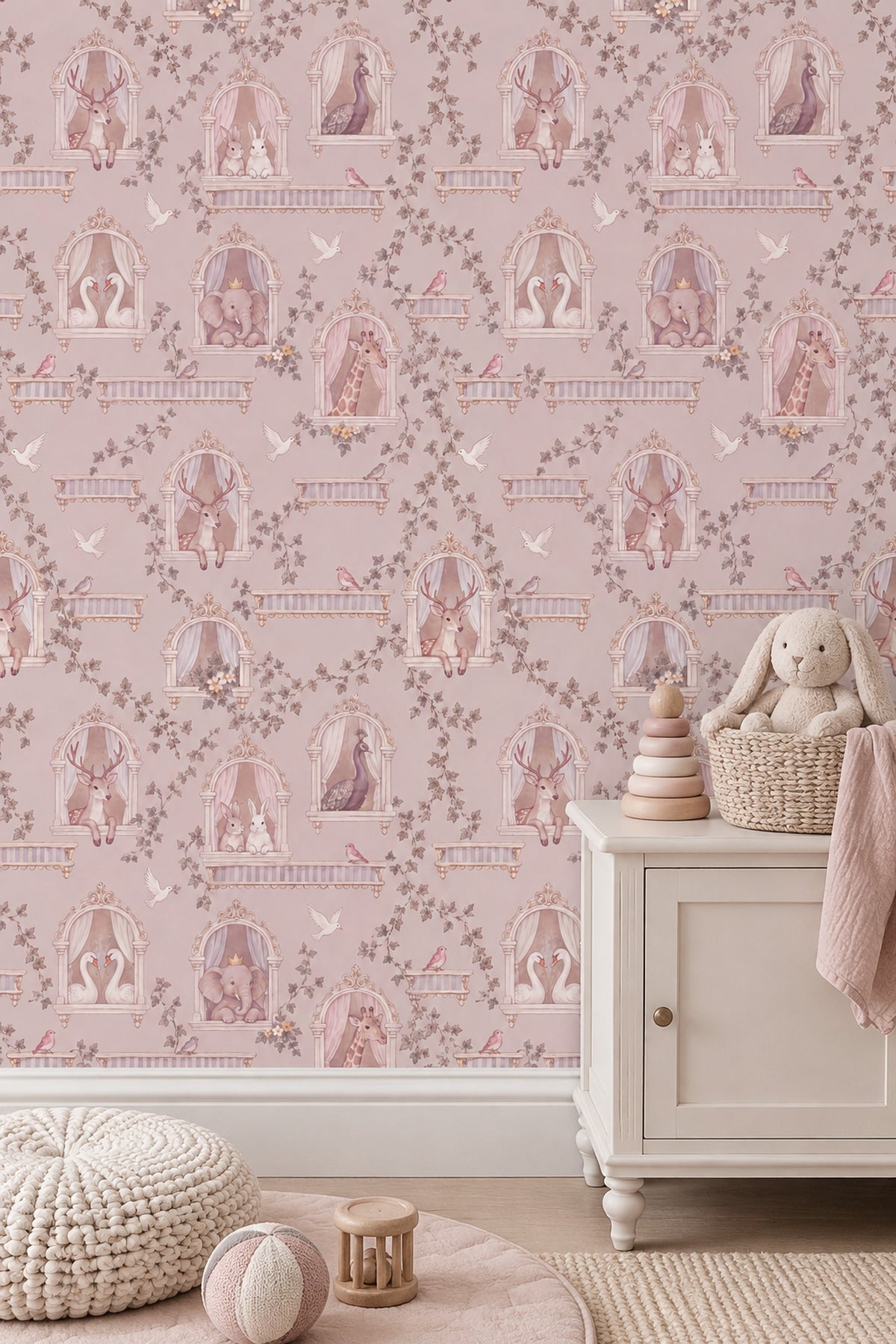 Ornate Window Storybook Animals Wallpaper Pastel Pink