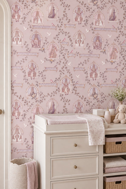 Ornate Window Storybook Animals Wallpaper Pastel Pink