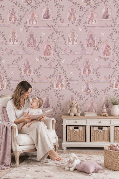 Ornate Window Storybook Animals Wallpaper Pastel Pink