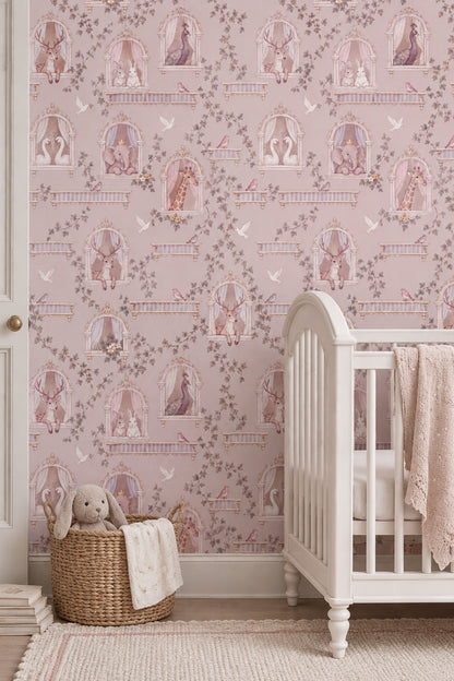 Ornate Window Storybook Animals Wallpaper Pastel Pink
