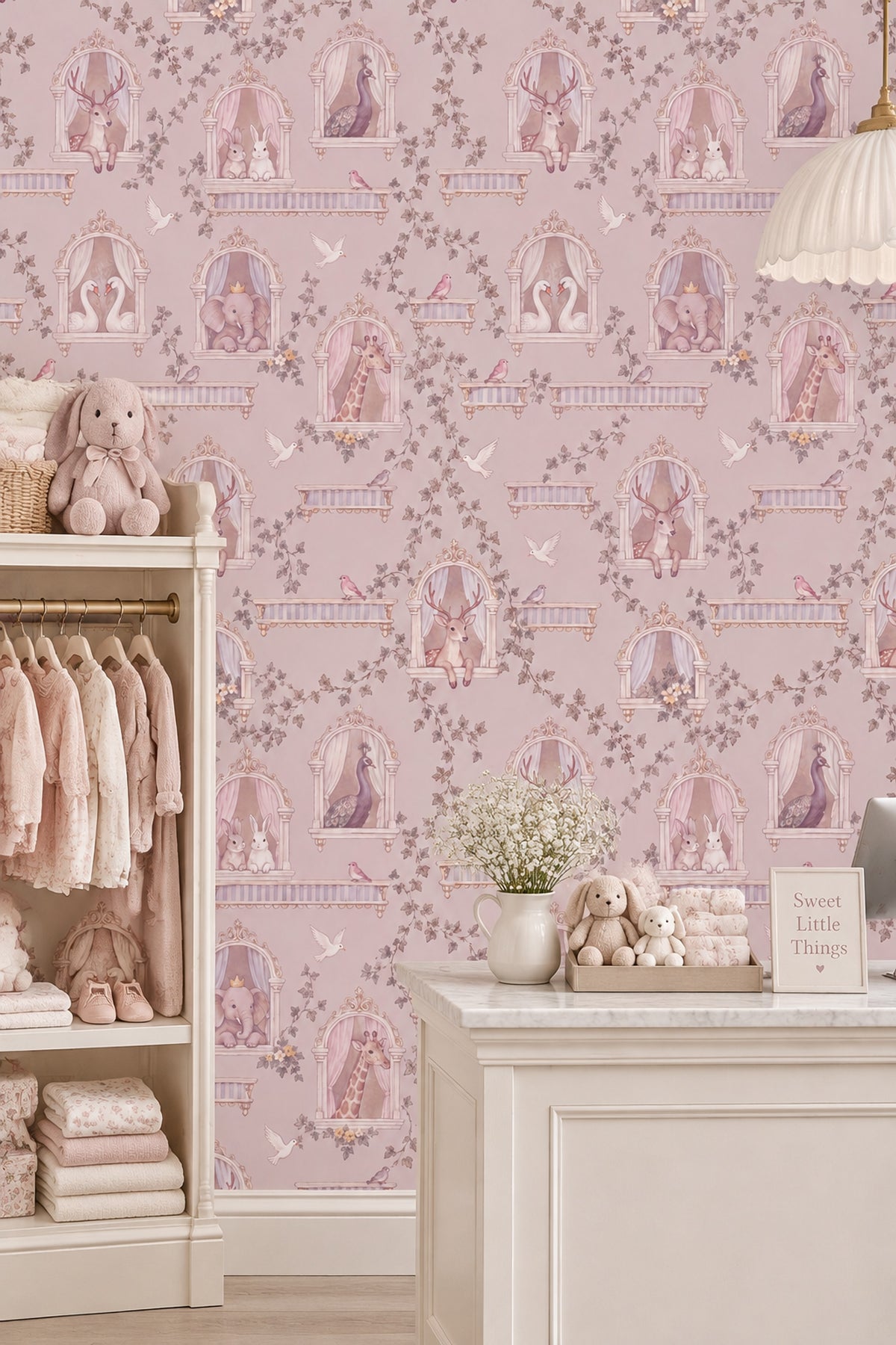 Ornate Window Storybook Animals Wallpaper Pastel Pink